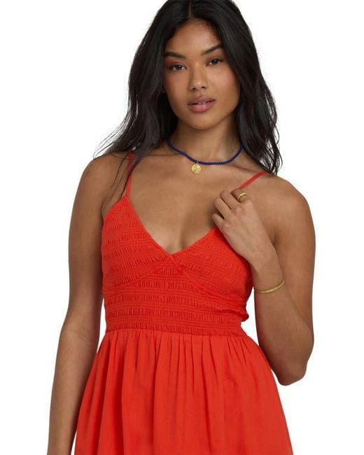 Billabong Red Such A Trip Smocked Bodice Cotton Midi Dress