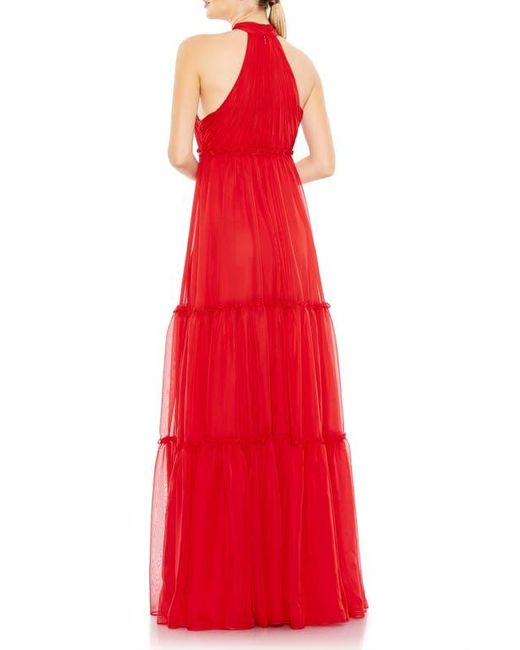 Mac Duggal Ruched Tiered High Neck Bow A Line Gown