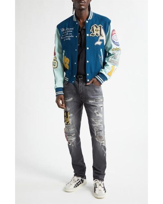 Amiri Blue Varsity Patch Wool Blend & Leather Jacket for men