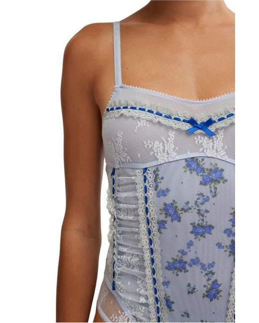 Free People Blue Sara Floral Print Lace Corset Bodysuit