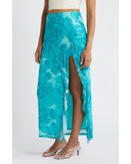 Something New Blue Coco Ruffle Mesh Maxi Skirt
