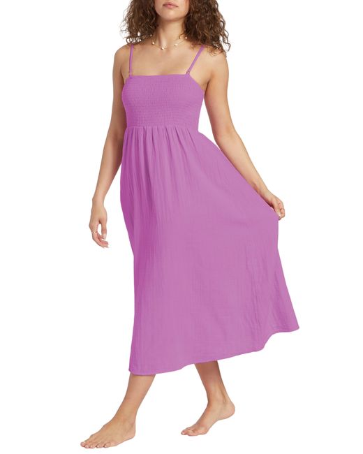 Billabong Purple Off The Coast Smocked Bodice Cotton Midi Dress