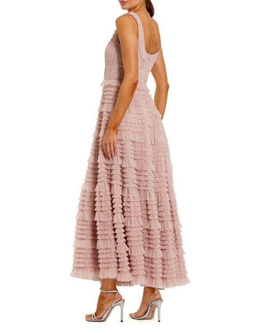 mac duggal sleeveless tiered maxi dress Mac Duggal Floral Print V-Neck Ruffle Sleeveless Tiered Gown