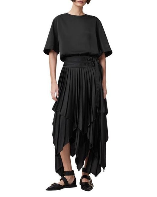 AllSaints Black Kai Asymmetric Pleated Skirt
