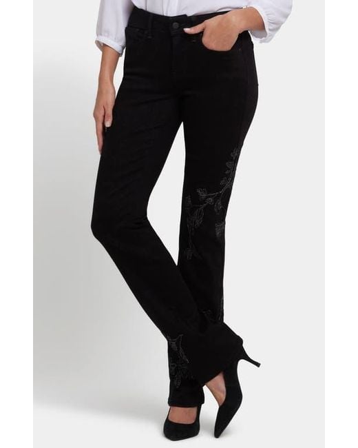 NYDJ Black Marilyn Floral Embroidered Straight Leg Jeans
