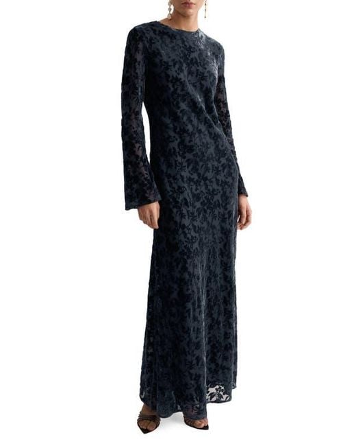 Mango Women's Blue Devor Burnout Long Sleeve Maxi Dress - hulwithkids.com