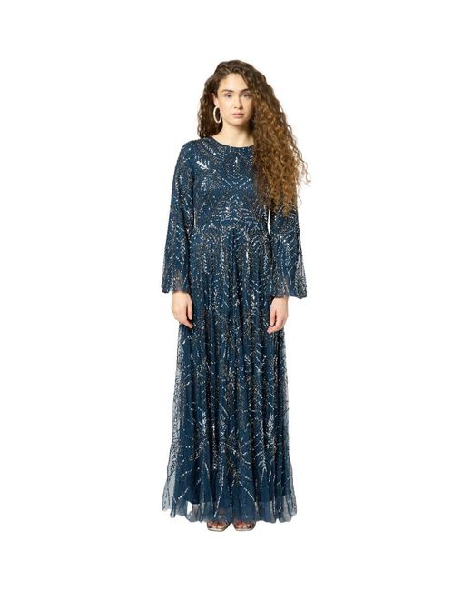 MARYISA Occasion Modest Embellished Sequin Beaded Floral Long Sleeves  Evening Maxi Dress in Blue | Lyst