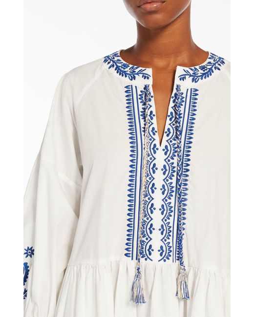 Max Mara White Dirce Embroidered Long Sleeve Cotton Poplin Dress