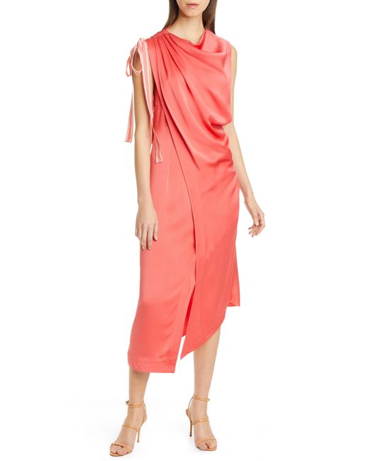 Monse Pink Ribbon Detail Draped Asymmetrical Midi Dress