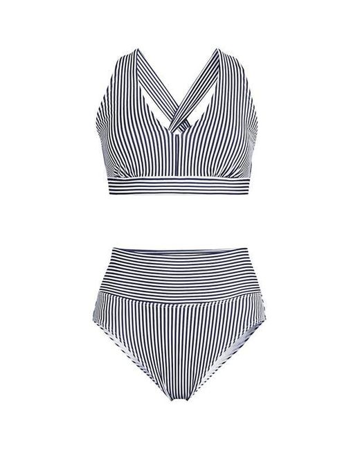 Lands' End Multicolor Chlorine Resistant V-Neck Midkini Swimsuit Top And High Leg High Waisted Bottoms 2 Piece Set