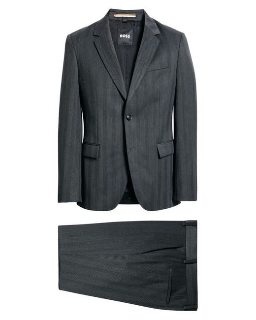 Boss Gray Houston Slim Fit Charcoal Wool Blend Herringbone Suit for men