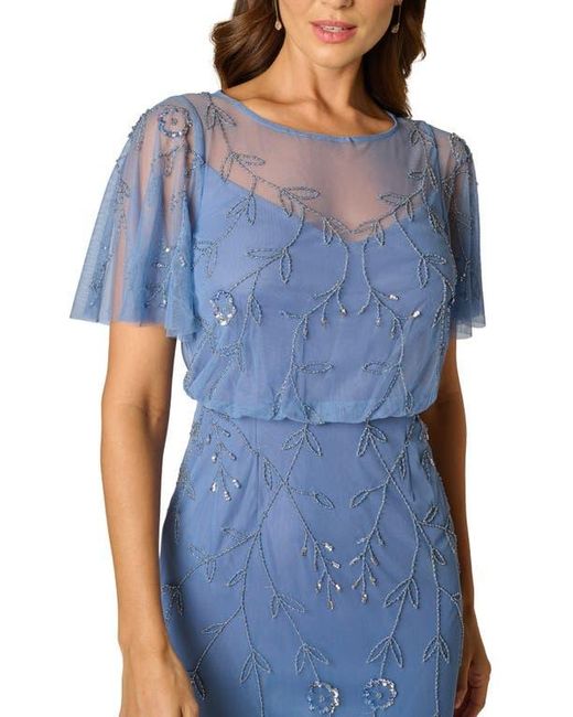 Adrianna Papell Blue Beaded Mesh Blouson Gown