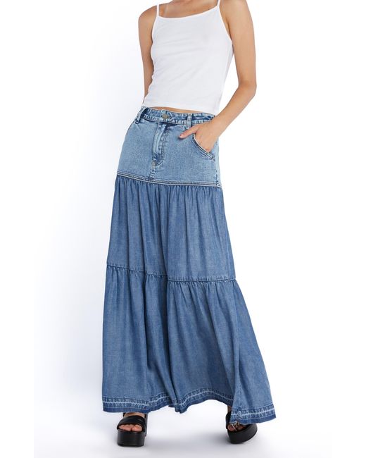 Wash Lab Denim Contrast Tiered Denim Maxi Skirt in Blue Lyst