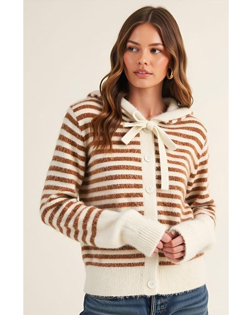 Modenaire Women's Natural Striped Button-Up Cardigan Hoodie With Ribbon Tie And Ribbed Hem
