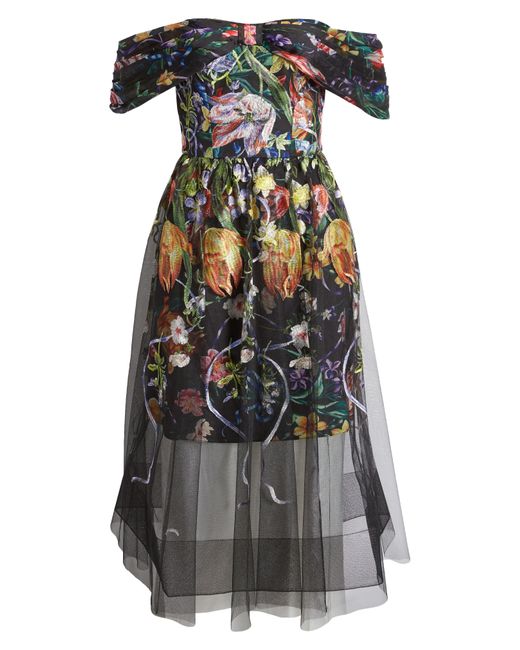 Marchesa Black Embroidered Floral Off The Shoulder Midi Dress
