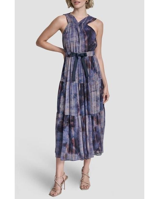 dkny blue pleated dress Blue Pleated V-Neck Midi Dress