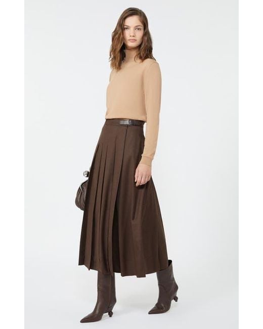 Weekend by Maxmara Brown Fastoso Pleated Stretch Virgin Wool Skirt