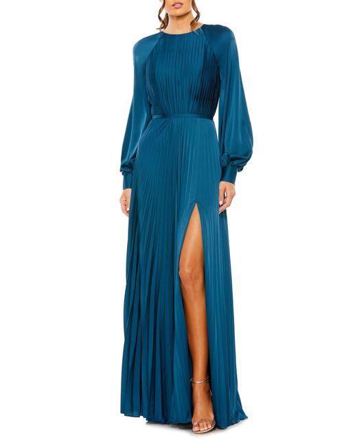 Ieena for Mac Duggal Blue Pleated Long Sleeve Satin A-line Gown