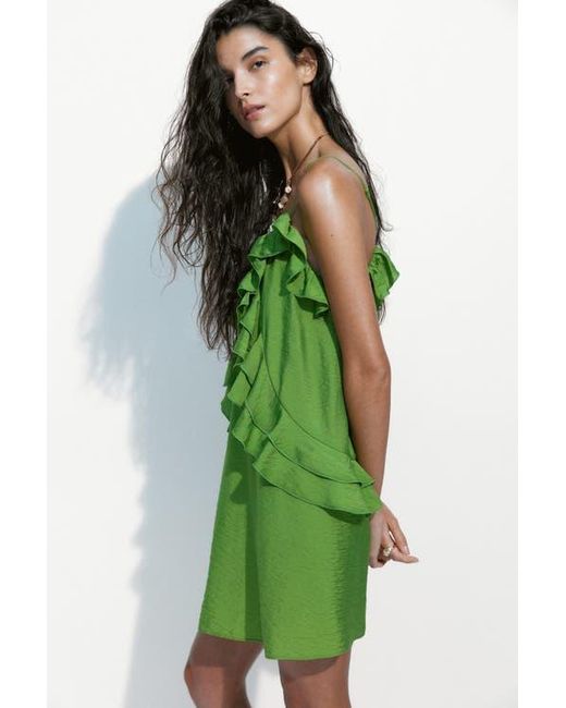 h&m green ruffle dress H&M Wildflower Meadow Ruffled Poplin Cotton Light Green Floral Dress Midi  sz L