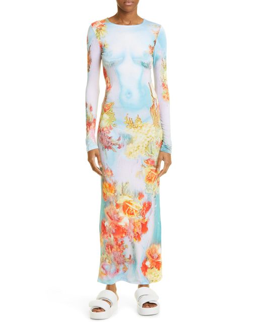 Jean Paul Gaultier White Floral Body Print Crop Long Sleeve Dress