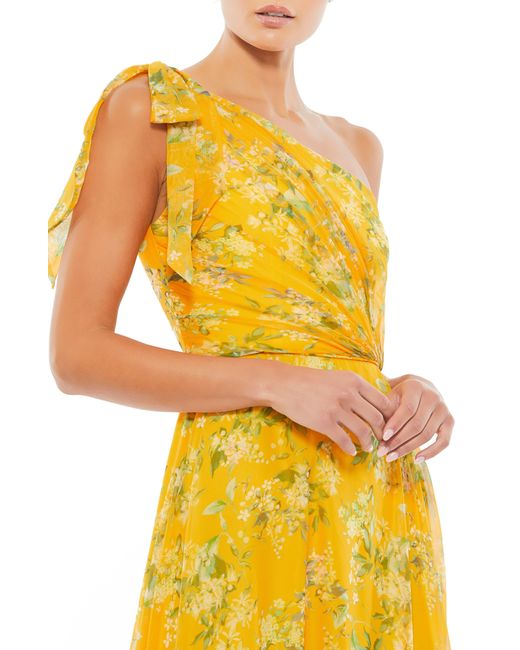 Mac Duggal Yellow Floral One-shoulder Gown