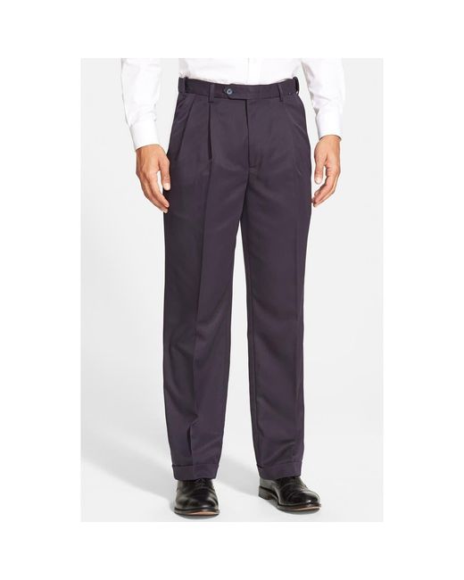 Berle Blue Self Sizer Waist Pleated Classic Fit Microfiber Trousers for men