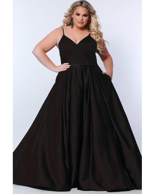 Sydney's Closet Black Satin A-Line V-Neck Plus Size Evening Gown