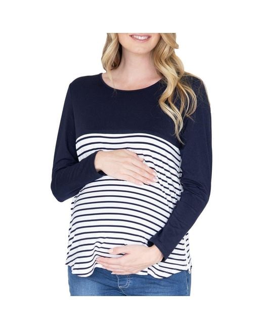 ANGEL MATERNITY Blue Solid & Stripe Nursing Top