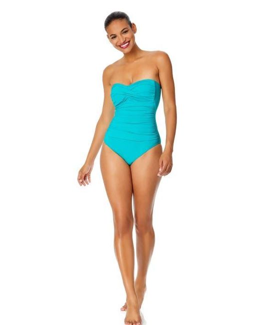 Anne Cole Blue Twist Front Shirred One Piece Swimsuit