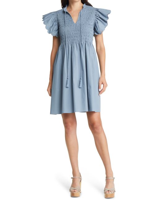 Moon River Blue Scalloped Sleeve Smocked Cotton Dress