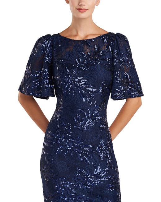 JS Collections Blue Adel Sequin Lace Cocktail Midi Dress