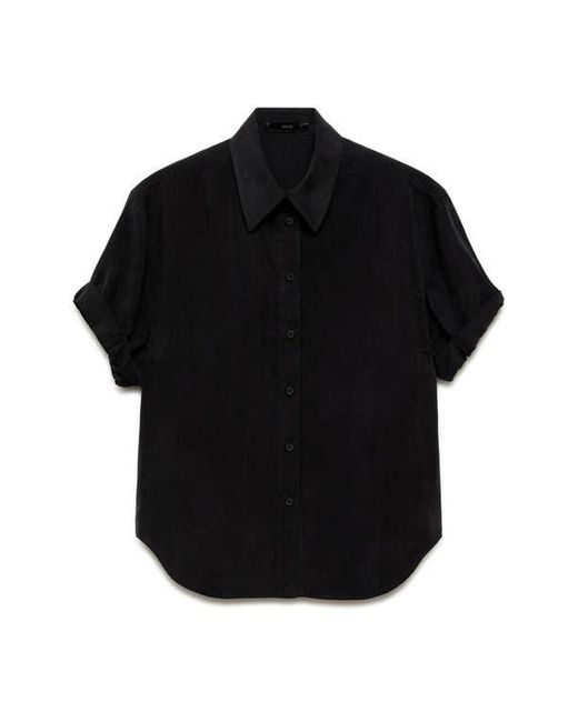 Mango Black Solid Short Sleeve Cupro Blend Button-Up Shirt