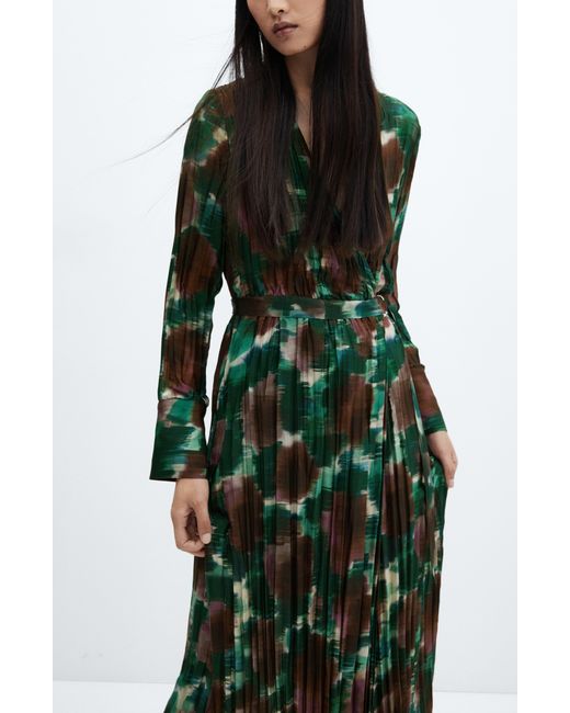 Mango Green Abstract Print Pleated Belted Long Sleeve Midi Wrap Dress