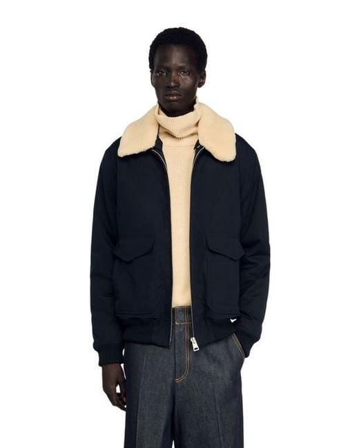 Sandro Blue Shearling Collar Aviator Jacket for men