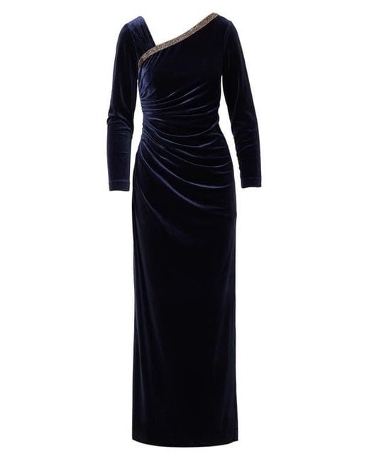 Adrianna Papell Black Asymmetric Long Sleeve Ruched Velvet Gown