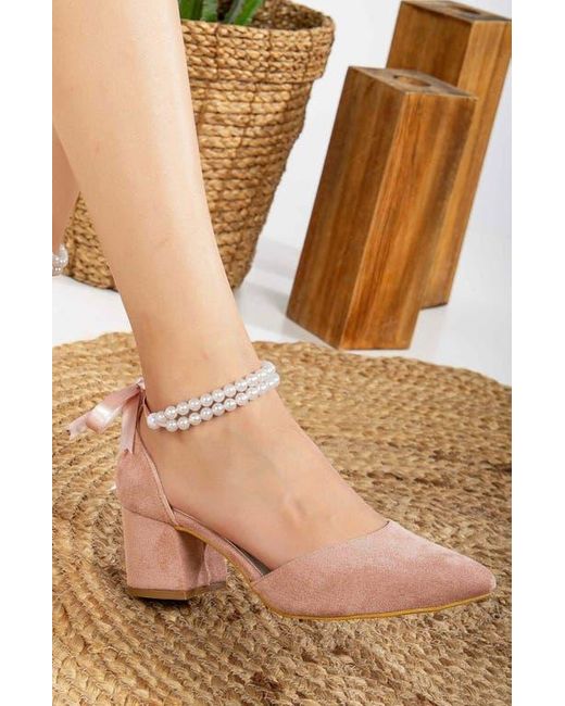 Forever & Always Shoes Pink Miranda Low Block Heels With Pearls