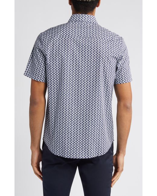Bugatchi Blue Orson Seahorse Print Short Sleeve Stretch Cotton Button-up Shirt for men