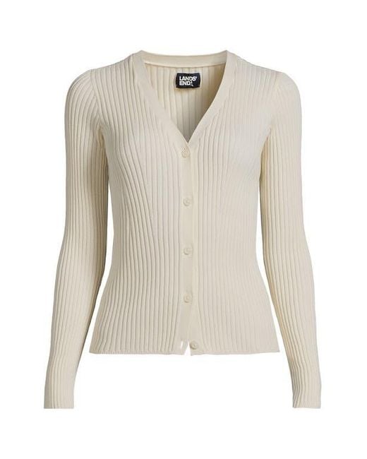 Lands End Fine Gauge Cotton Ribbed Cardigan in White Lyst
