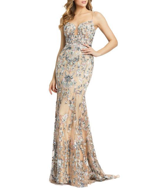 Mac Duggal Natural Embroidered Floral Mermaid Gown With Train