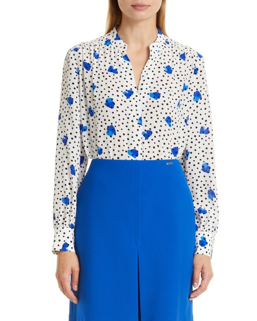 BOSS by HUGO BOSS Banora Polkadot Floral Print Silk Button-up Blouse in  Blue | Lyst