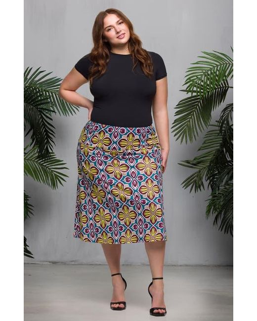 24seven Comfort Apparel Blue Geo Print Elastic Waist Midi Skirt
