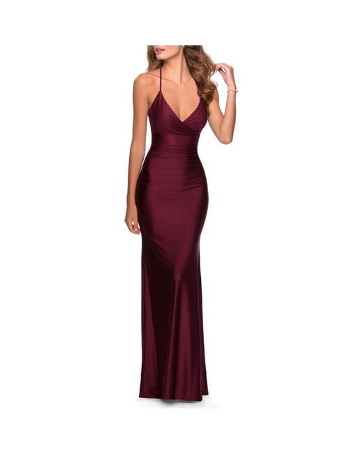 La Femme Empire Waist Dress With Ruching And Lace Up Back in Purple | Lyst