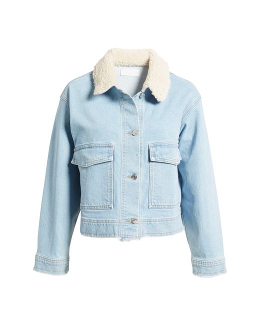 Le Jean Dylan Denim Trucker Jacket With High Pile Fleece Collar in Blue