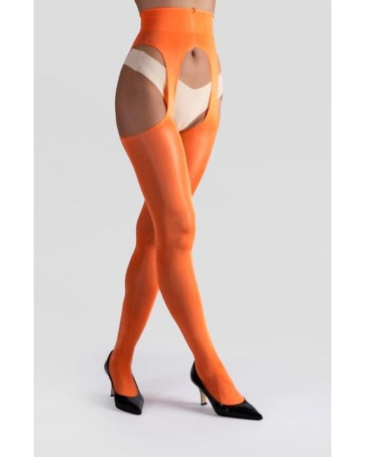 LECHERY Orange Lustrous Silky Shiny Sheer Suspender Crotchless Tights