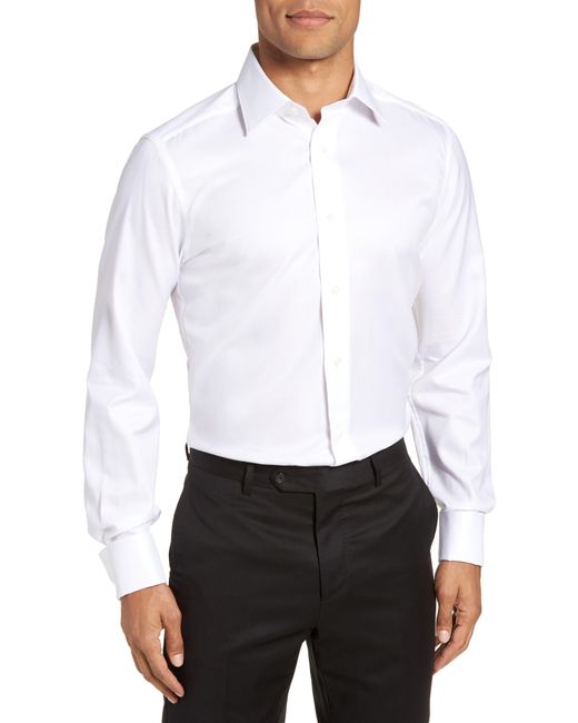David Donahue White Trim Fit Solid French Cuff Tuxedo Shirt for men