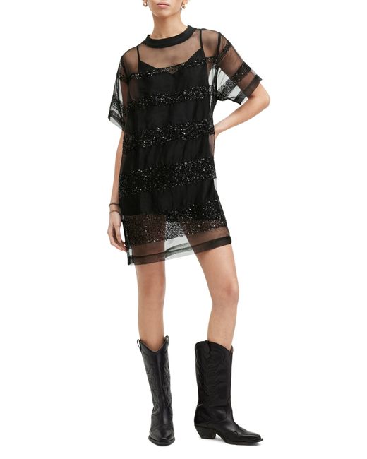 AllSaints Black Izabela Sheer Bead & Sequin Minidress