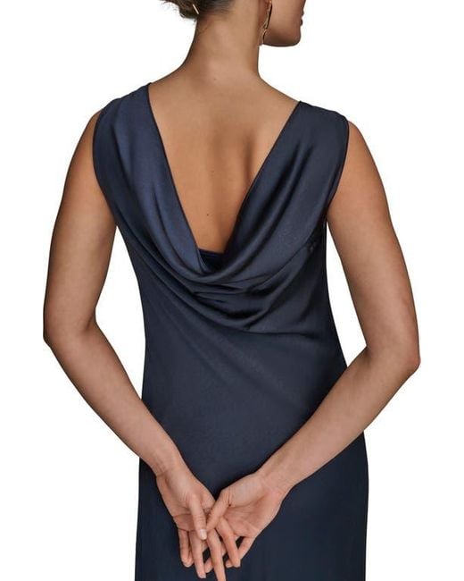 Donna Karan Blue Asymmetric Cowl Back Satin Gown