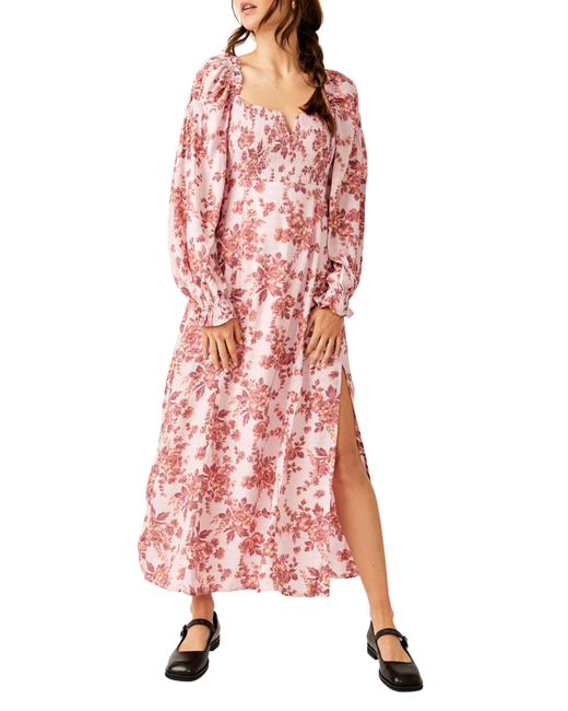 Free People Red Jaymes Floral Smocked Long Sleeve Maxi Dress