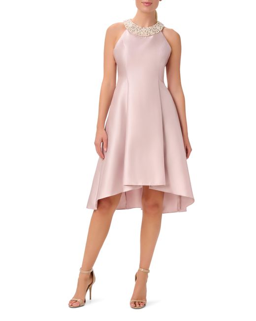 Adrianna Papell Pink Imitation Pearl Halter Neck High-low Mikado Dress