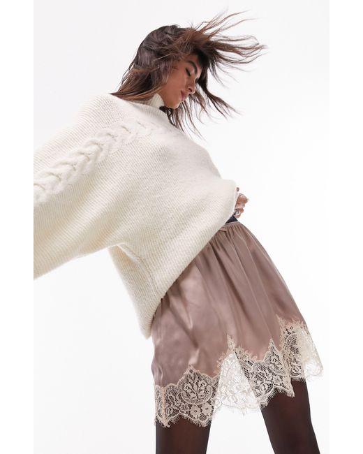 TOPSHOP Natural Lace Hem Satin Skirt